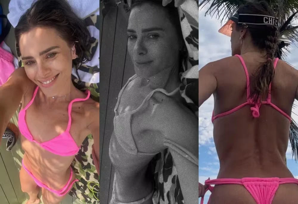 Aos 47, Carolina Dieckmann surge de biquíni neon e domina web